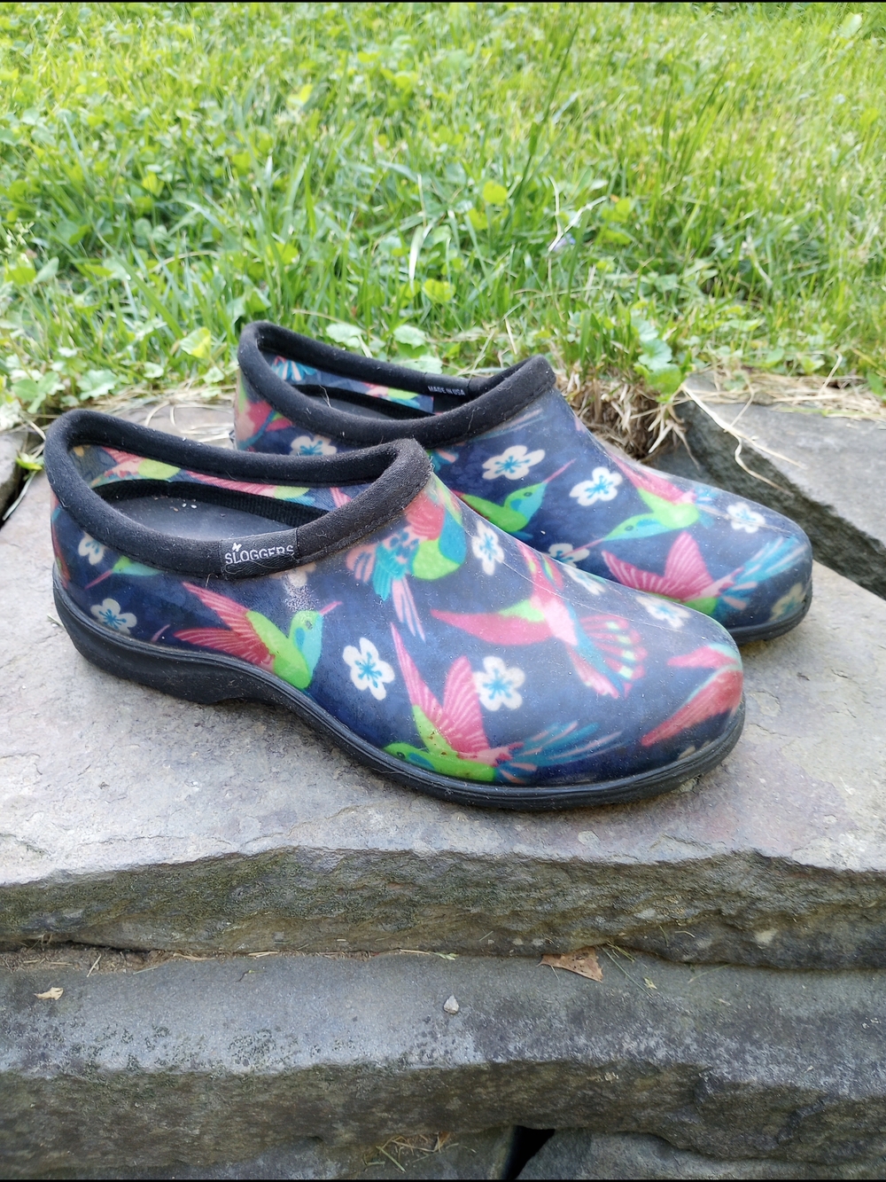 Sloggers Navy Clogs with Pink & Green Hummingbird Print